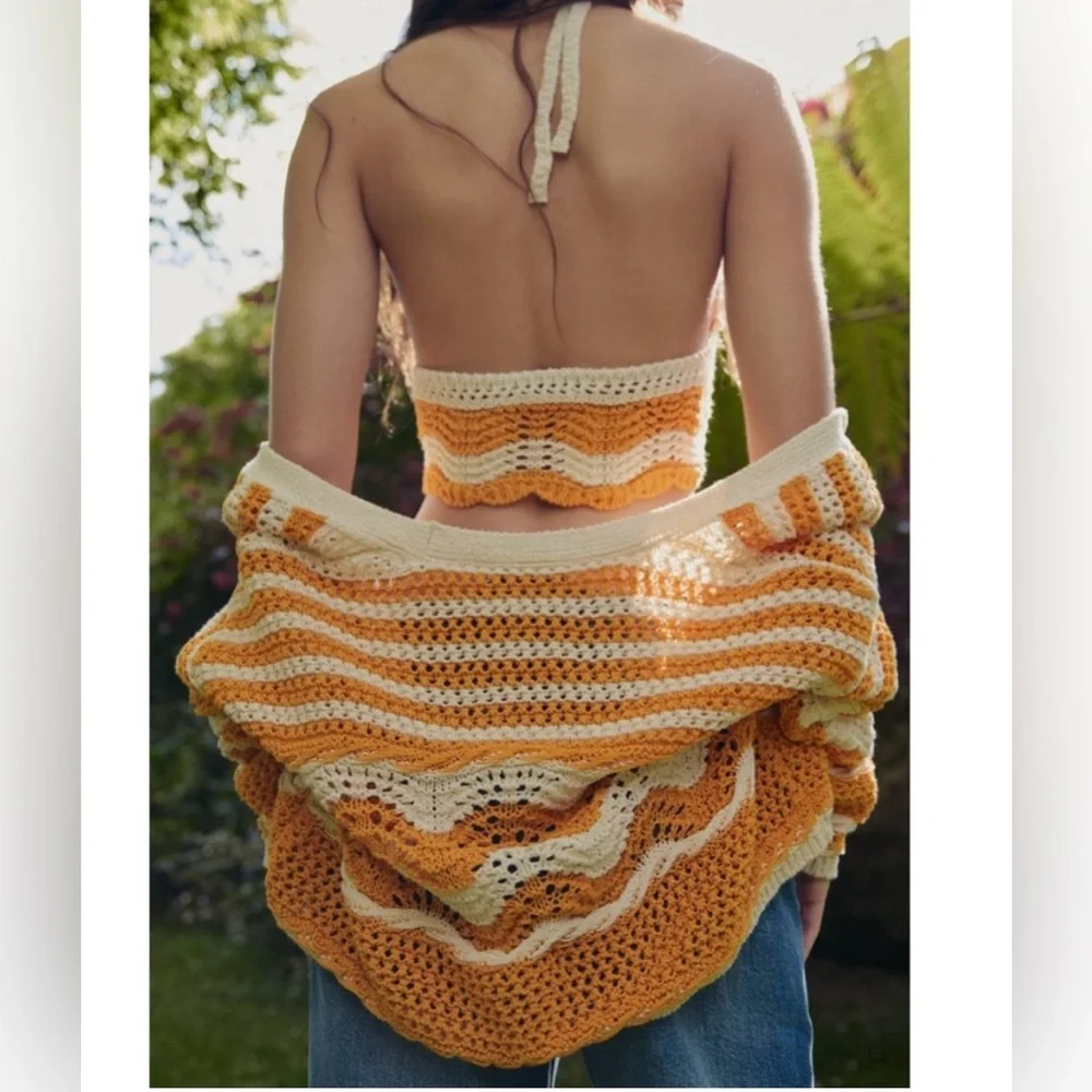 Zara open knit crochet sweater and crop top set in cream and orange size S